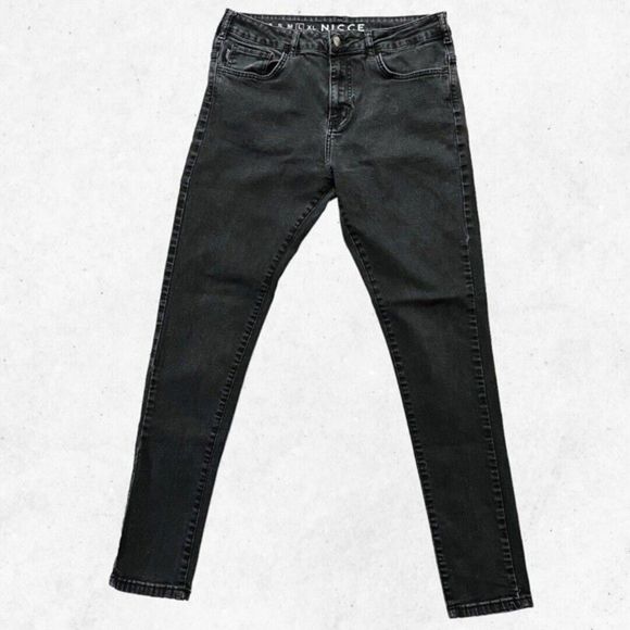 NICCE Men’s Sz L 32" Waist Washed Black Skinny Fit Jeans Back Logo RIPPED!‎ - Picture 1 of 14